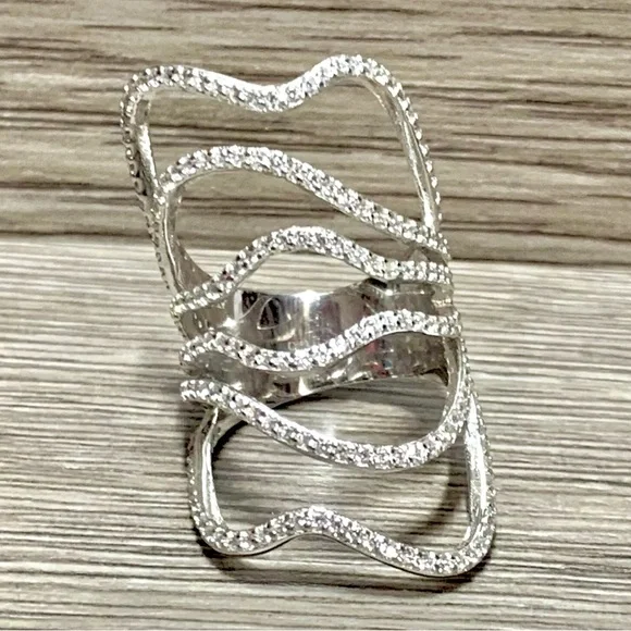 Italian Silver Sterling Silver Free-Form Crystal Full Finger Cage Ring, Size 5 - Picture 2 of 8